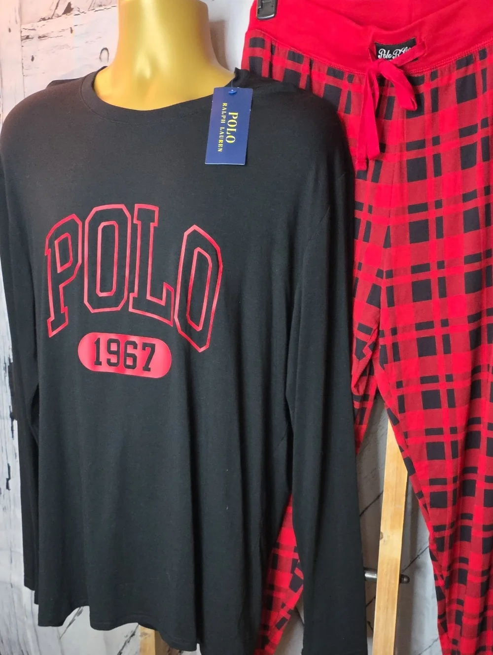 Polo by Ralph Lauren Mens Black Top with Red Logo & Red Plaid Pajama Pants Large